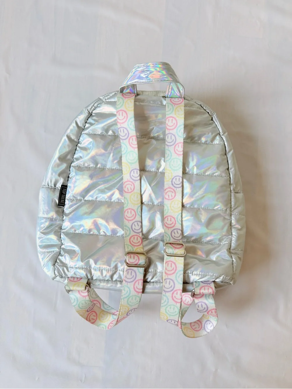 Top Trenz Iridescent Puffer Mini Backpack shiny silver finish colorful straps